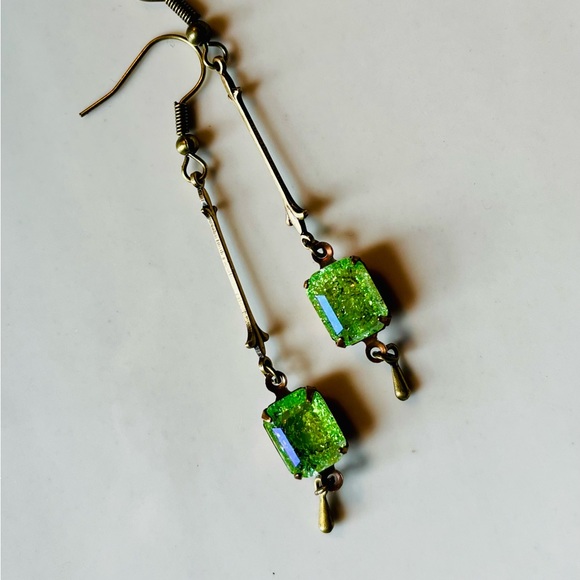Hand Crafted Jewelry - SOLD Peridot Green Crackle Glass Art Nouveau Earrings w a Glacier Blue Finish